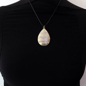 Vintage Large Tear Drop Wave Rhinestones Brass Tone Costume Necklace Pendant